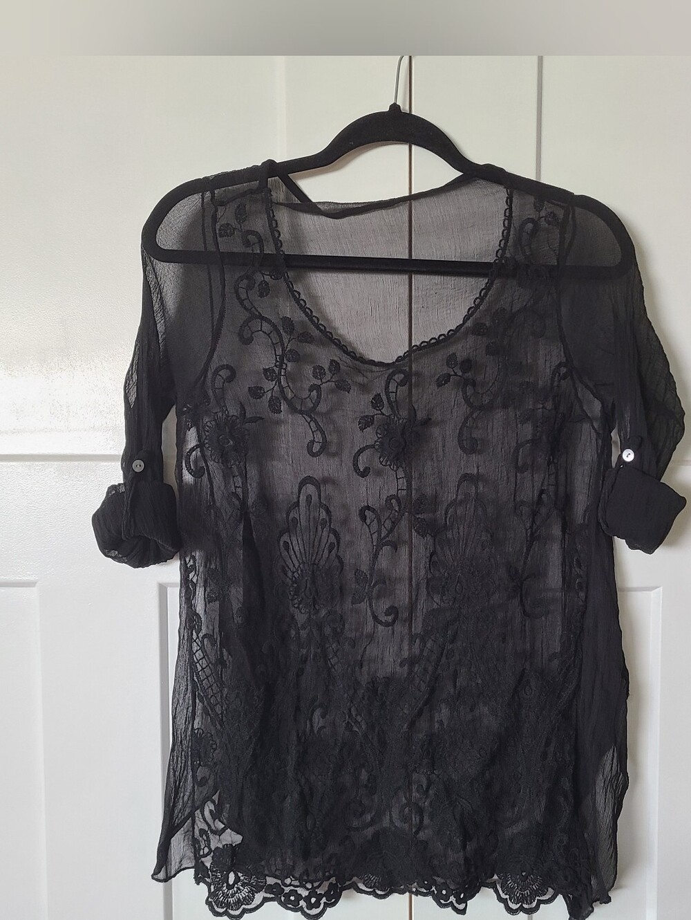 Black Sheer Embroidered Long-Sleeve Top - Picture 8 of 16